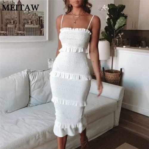Women Elegant Ruffle Long Dress Sexy Solid Sling Bodycon Dress 2020 Vintage High Waist Party Dresses Vestidos