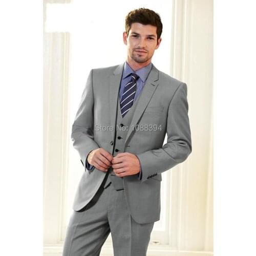 2016 Custom Made Mens Suit Light Grey Wedding Suits For Men Wedding Tuxedos Groomsman Suits (Jacket+Pants+Vest+Tie)