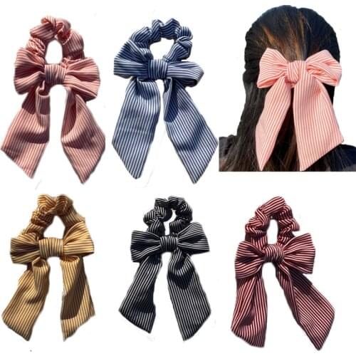 2021New Women Striped Bow Hair Band for women sweet Elastic bow scrunchie girl pink hair tie rope ribbon Headband Accessories