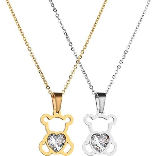 Bear Pattern Heart-Shaped Bohemian Crystal Inlaid Pendant Necklace Womens Necklace Fashion Crystal Pendant Accessories Jewelry