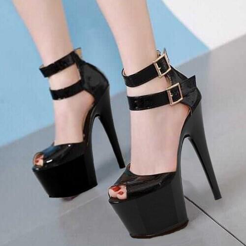 5Inch Black Belt Buckle Women High Stripper Heels Peep Toe Dress Concise Platform Sandals Sexy Fetish Nightclub Pole Dance Shoes