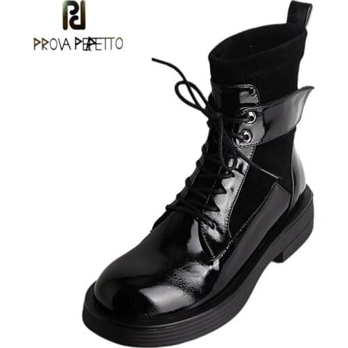 Fashion New Casual Thick-soled Elastic Boots Round Head Thick Heel Lace Martin Boots Autumn and Winter Cowhide Motorcycle Boots