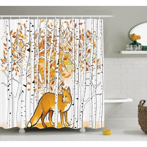 Hunting Decor Shower Curtain Fox Hunting in Autumn Forest Birch Trees Rustic Wilderness Animal Bathroom Waterproof Curtains