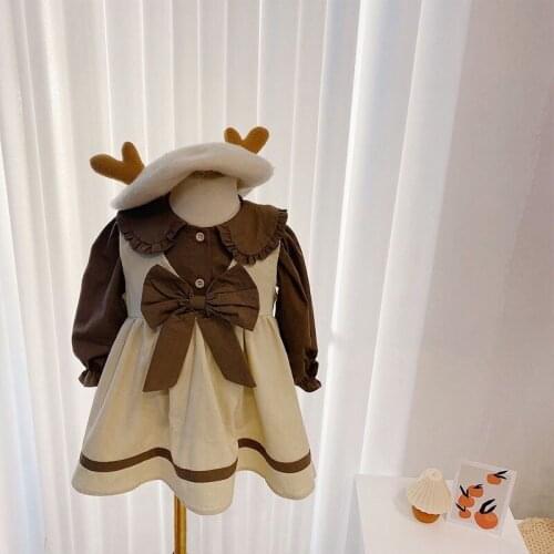 Kids Autumn Girls Princess Clothes Set Baby Children Long Sleeve Shirt Tops+Bow Overall Dress Preppy Style 2pcs Suit S13031