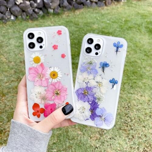 DIY Purple Pink Real Dry Flower Phone Case for iPhone 12 Pro Max 11 7 8 Plus X XS XR 12 Mini Case Luxury Soft Clear Back Cover