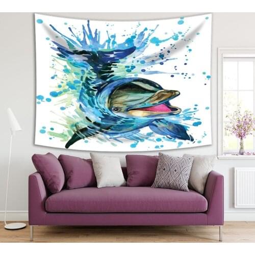 Tapestry Smiling Dolphin in Water Marine Nature Sea Animal Underwater Wildlife Art Blue White