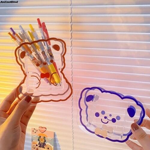 Student Stationery Transparent Acrylic Vase Makeup Brush Storage Box Home Desktop Organizer Decoration Cute Cartoon Pen Holder