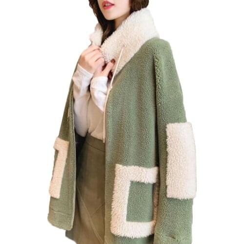 Oversized Womens Jacket Autumn Winter Plush Thick lamb Wool Coat Mid-length High-neck Pocket Casual Green Jacket Outwear W123