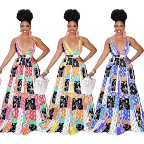 Polyester Summer African Women V-neck Printing Long Dress African Dresses for Women American Clothing African Print Dresses