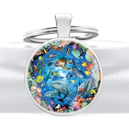 Cute Fashion The marine Animal Glass Cabochon Key Chain Charm Men Women Key Rings