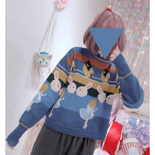 Alice and Her Ratbbit Cute Womens Knitted Sweater Pullovers Long Sleeve Fall,Winter Sweaters Cute Girls Blue Christmas