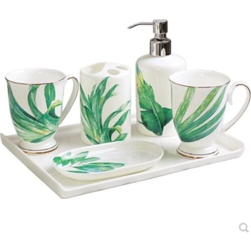Bathroom Green Rainforest Style Ceramic Five-piece Set Nordic Home Porcelain Gargle Mug +Tooth Holder+Lotion Bottle+Soap Dish