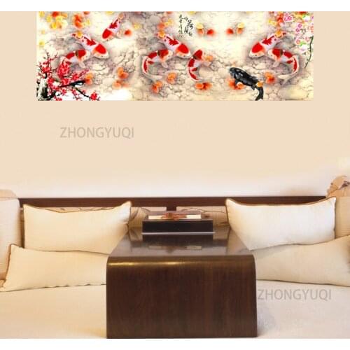 Wall Art Picture HD Print Chinese Abstract Nine Koi Fish Landscape Oil Painting on Canvas Poster For Living Room Modern Decor