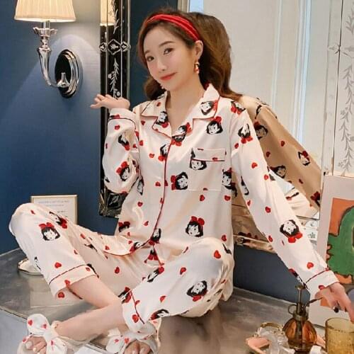 New Women Spring Autumn Cardigan Cartoon Casual Comfort Loose pajamas Long Sleeve Pant Female Nightgown Home Clothes 2Piece Set