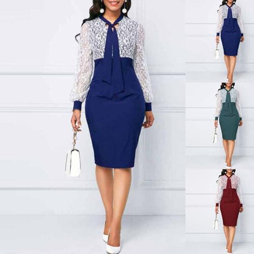 Dress Stylish Long Sleeve Lace-up Pencil Dress Spring Autumn Midi Dress Lace Patchwork for Prom