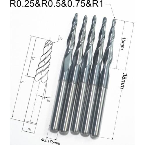 R0.25& R0.5& R0.75& R1-5PCS,HRC55 Free shipping cnc tungsten carbide tialn coated 2 flutes tapered ball nose spherical end mill