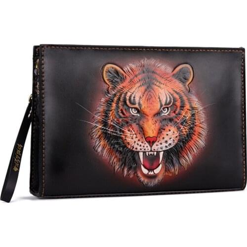 Handmade Men Vegetable Tanned Leather Carvings Tiger Bag Money Holder Clutch Purse Cigarette Pocket Man Clutches