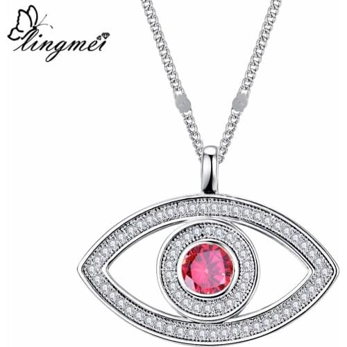 Lingmei Eyes Shaped Gorgeous Wedding Round Cut Red & Purple & White Zircon Silver Color Pendant Necklace With Chain Jewelry