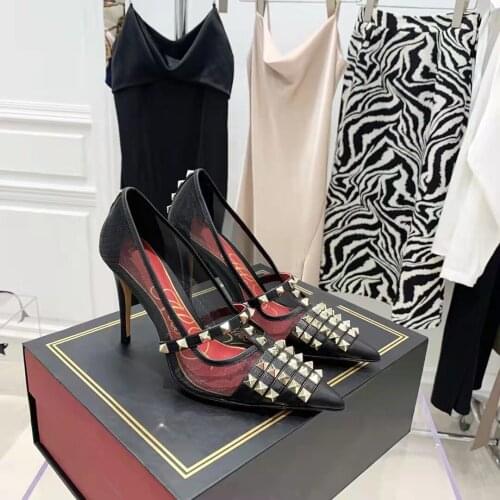 New Season Shoes Alcove Embellished Mesh Pumps Fashion Italy Wedding Party Genuine Leather Pyramid Studs