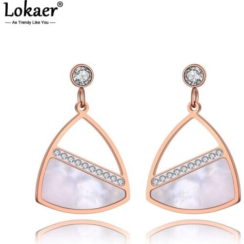 Lokaer Office Style Stainless Steel Geometric Earrings Jewelry Trendy CZ Crystal White Shell Stud Earrings For Women Girl E19258