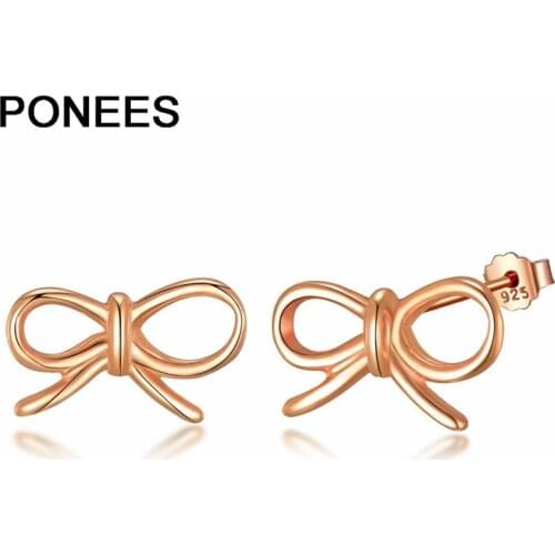 Ponees Women Simple Cute Real 925-Sterling-Silver Earrings Bowknot Stud-Earrings Jewelry Girls Gift