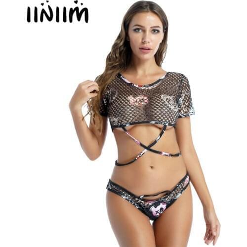 Women Print Swimwear Lingerie Set Hollow Out See-through Mesh Swimsuit Round Neck Short Sleeve Crop Top Low Waist Bikini Briefs