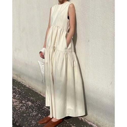 Donsignet 2021 Summer New Sleeveless Adjustable Waist Solid O-Neck A-LINE Dresses Women Temperament Thin Folds Woman Dress