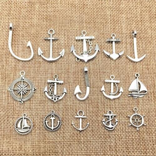 10pcs/lot Tibetan Silver Metal Alloy Mix Types Vintage Saling Compass Anchor Charms Rudder Pendant Diy Jewelry Making Findings