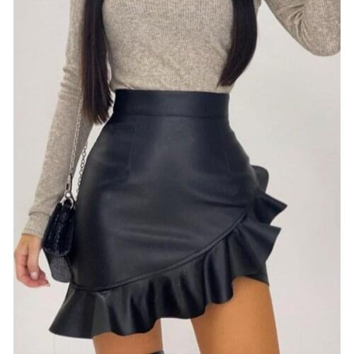 Ruffles Asymmetrical Black Faux Leather Mini Skirt 2020 New Arrival PU Leather Bodycon Pencil Skirt Women Office Ladies Clothing