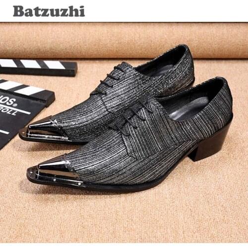 Batzuzhi New Mens Dress Shoes Leather Italian Men Party Oxfords Metal Pointed Toe High Quality Grey Men Formal Shoes! 45/46