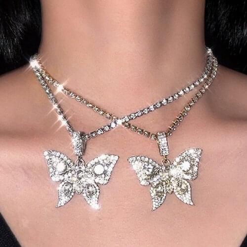 Bling Pendant Big Butterfly Crystal Necklace For Women Gold Silver Color Paved Rhinestone Chain Necklace Choker Luxury Jewelry