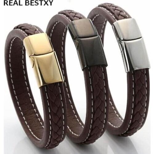 Custom Logo REAL BESTXY Punk Engraved Clasp Black Braided Bangle Leather Bracelet for Men Jewelry Stainless Steel Bangl