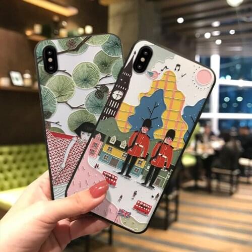 Japanese Style Painted Embossed Phone Case for iPhone 6 6S 7 8 Plus X XS MAX XR Case Soft TPU Back Cover for 11 11Pro Max Coque