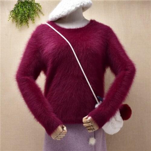 Ladies women fashion hairy plush mink cashmere knitted long sleeves slim blouses pullover angora rabbit fur jumper sweater pull