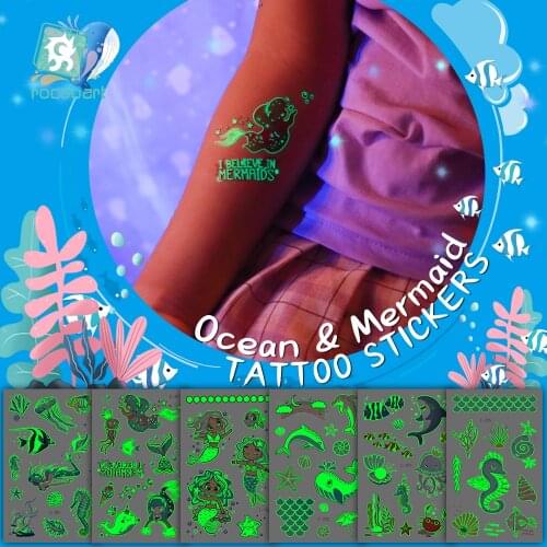 Latest Waterproof Glowing In The Dark Childrens Birthday Party Temporary Ocean Mermaid Tattoo Stickers For Kids Girls