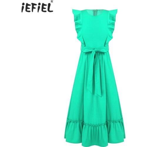 New Summer Kids Dresses For Girls Clothes Sleeveless Ruffle Pleated A-line Dress Long Dress Children Casual Party Clothing 6-14Y