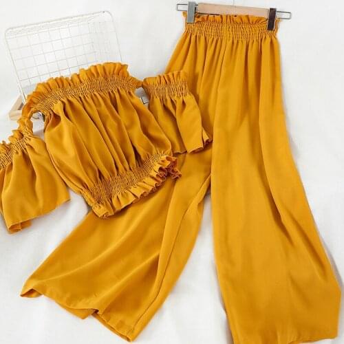 Heliar Off Shoulder Tops And Pants Sets Women Two Pieces Sets Long Trousers Sets 2020 Summer Flounce Hem Crop Tops and Trousers