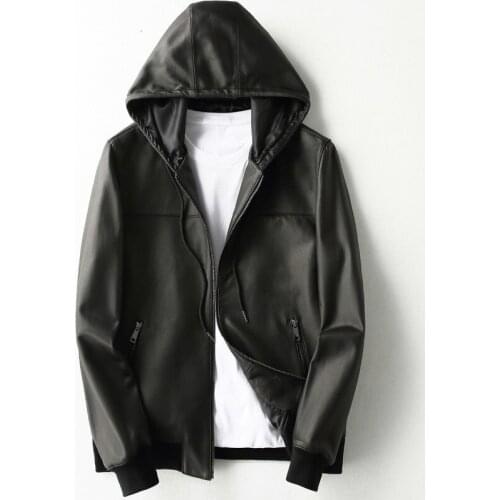 Real Sheepskin Coat Hooded Bomber Genuine Leather Jacket Men Motorcycle Leather Jackets Coats Chaqueta Cuero Hombre KFS19M017