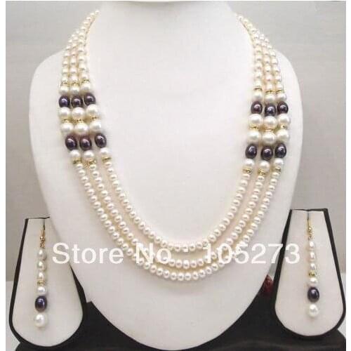 New Free Shipping Pearl Jewelry Set 4-10mm Natural White Black Flat Freshwater Pearl 3Rows Necklace 17-20'' Earrings Top Quality