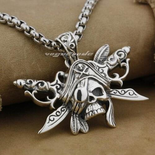 LINSION 925 Sterling Silver Skull Swords Hat Pirate Pendant Mens Biker Rock Punk Pendant 9J021