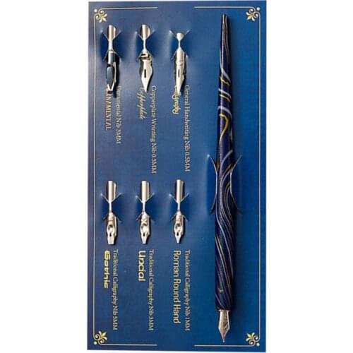 Marble Wood Manga Calligraphy Dip Pen Holder with 6 Nibs for Lettering Skiching 4X7E