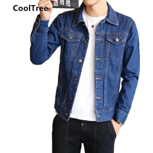 CoolTree Men Denim Jacket Spring Autumn Solid color Long Sleeve Jeans Coats Male Slim Fit Single-breasted Denim Outerwear Tops