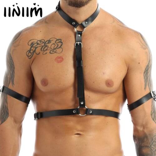 Mens Harness Top Fetish Erotic Lingerie Buckle PU Leather Punk Gothic Bondage Clubwear Body Chest Belt with Armband Sex Clothing
