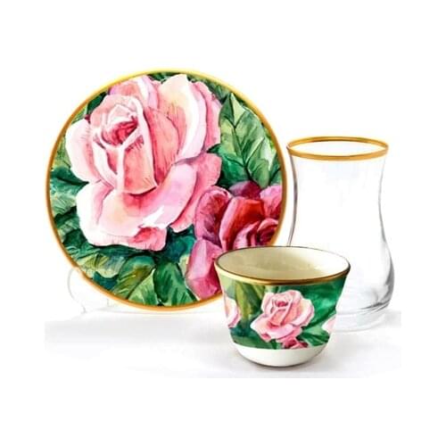 Drop Efe Tea & Arabian Coffee Cup Set 18 Pieces Rose