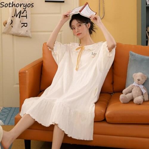 Women Nightgowns Cotton Bow Pleated Sweet Sleepwear Loose Leisure Students Homewear Short Sleeve Fashion Kawaii Ruffles Collar