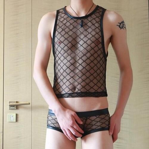2020 New Sexy Mens Underwear Stage Runway Show Nightclub Big Rhombic Hollow Out Transparent Mesh Sexy Vest Suit