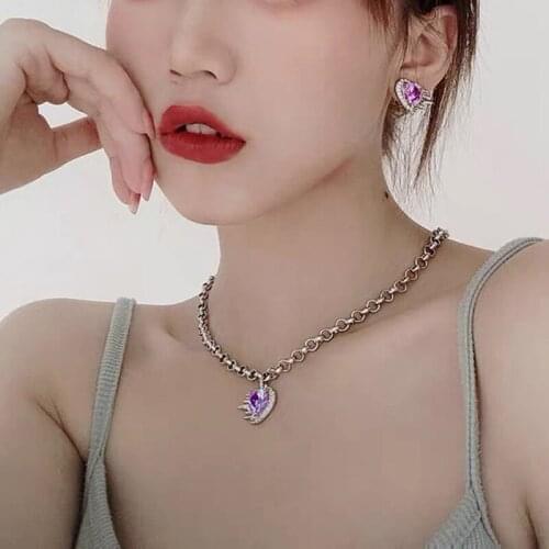 Elegant Rhinestone Purple Heart Pendant choker Necklace for Women Egirl Kpop Aesthetic Clavicle Chain Necklace Fashion Jewelry
