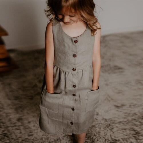 Girls Sleeveless Cotton And Linen Dress Childrens Summer New Style Pocket Button Solid Color Pleated Dresses TZ36