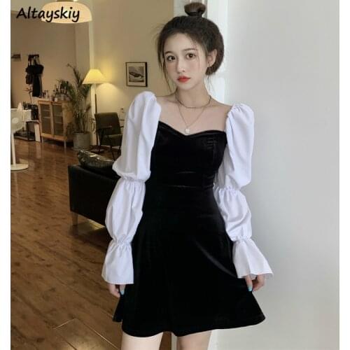 Dress Womens Puff Sleeve French High Waist Temperament Square Collar Ladies Stylish Chic Patchwork Feminine New Fashion Vestidos