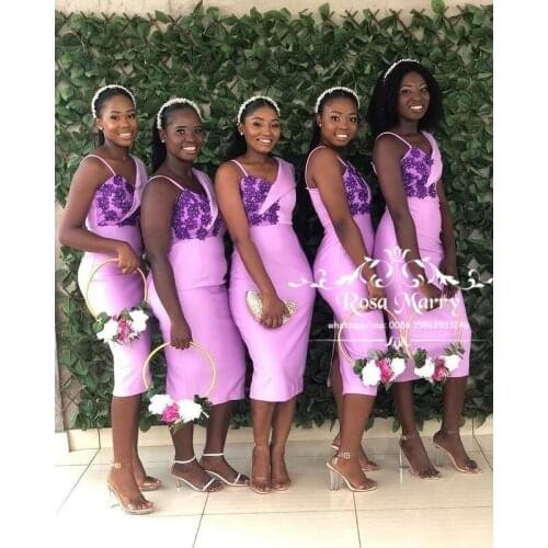 Sexy Plus Size Purple African Bridesmaids Dresses for Party 2021 Nigeria Vintage Lace Tea Length Cheap Satin Maid of Honors